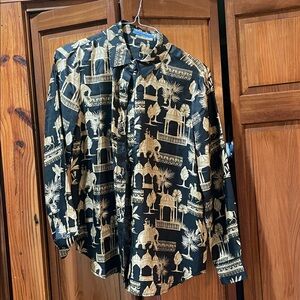 J. McLaughlin Black and Gold Equestrian Print Shirt